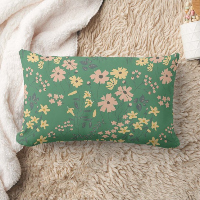 Modern Boho Grön Blommönster Lumbarkudde (Filt)
