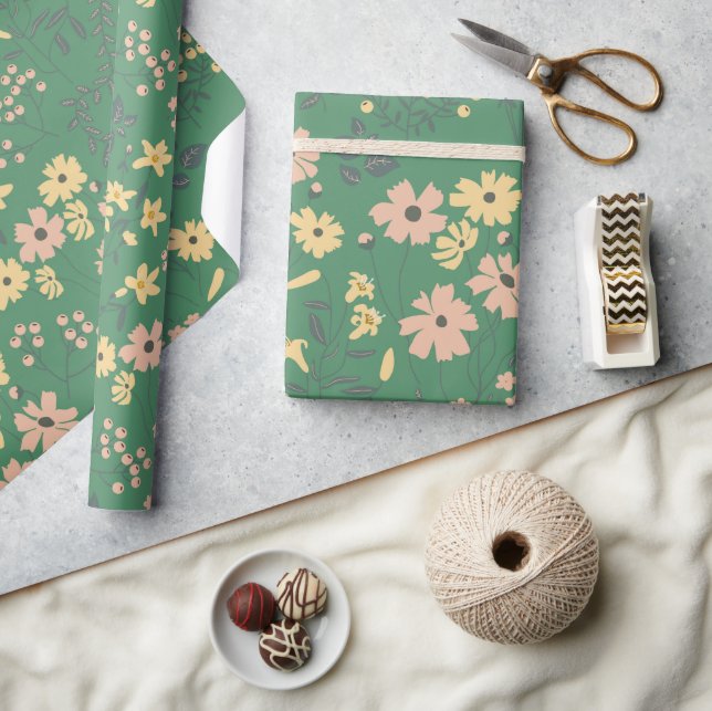 Modern Boho Grön Blommönster Presentpapper (Hantverk)