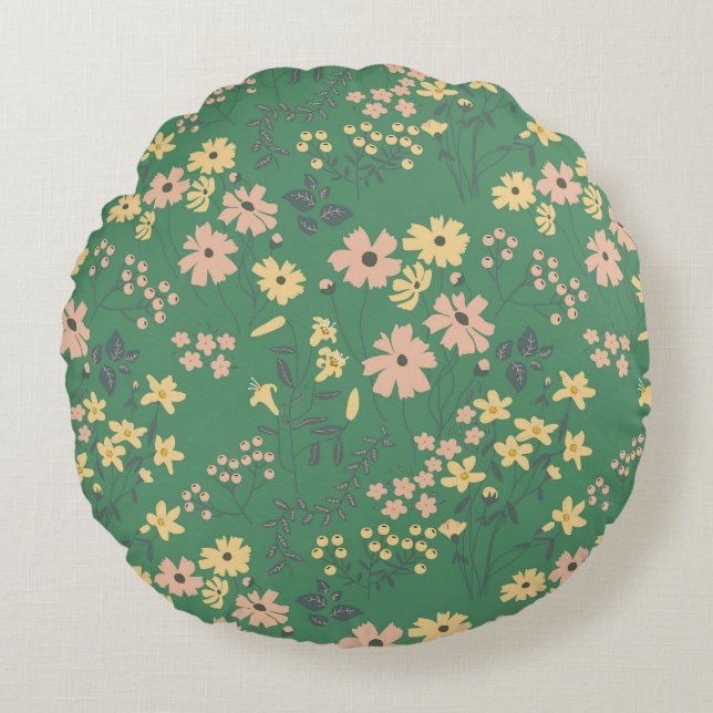 Modern Boho Grön Blommönster Rund Kudde (Framsidan)
