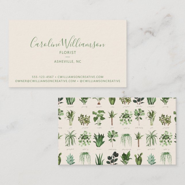 Modern Boho Grönt White Plants Botanical Florist Visitkort (Fram/baksida)