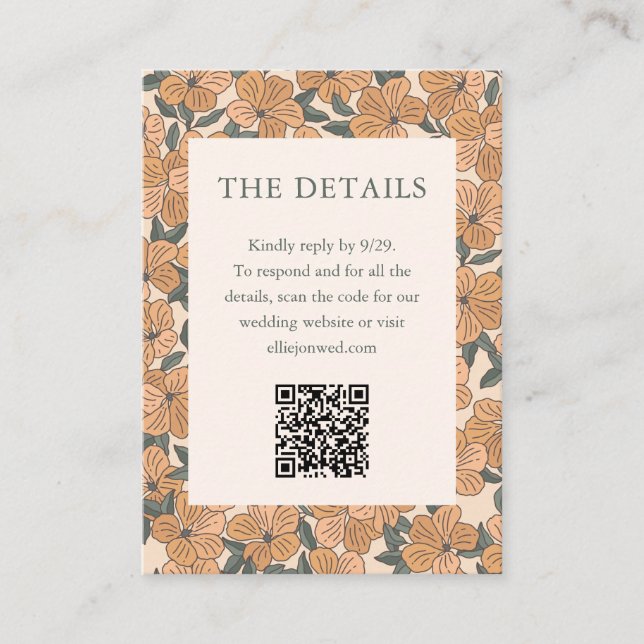 Modern Boho Gul Blommig Bröllop Höst QR-kod Tilläggskort (Framsida)