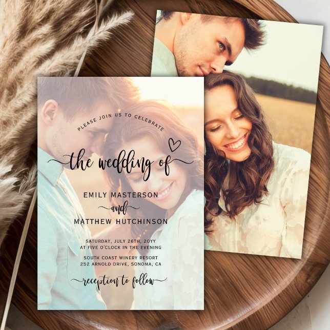 Modern Boho Heart-skript Fotoöverlägg Bröllop Inbjudningar (Skapare uppladdad)