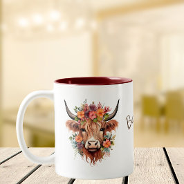 Modern Boho Highland Cow med blommor Två-Tonad Mugg