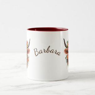 Modern Boho Highland Cow med blommor Två-Tonad Mugg