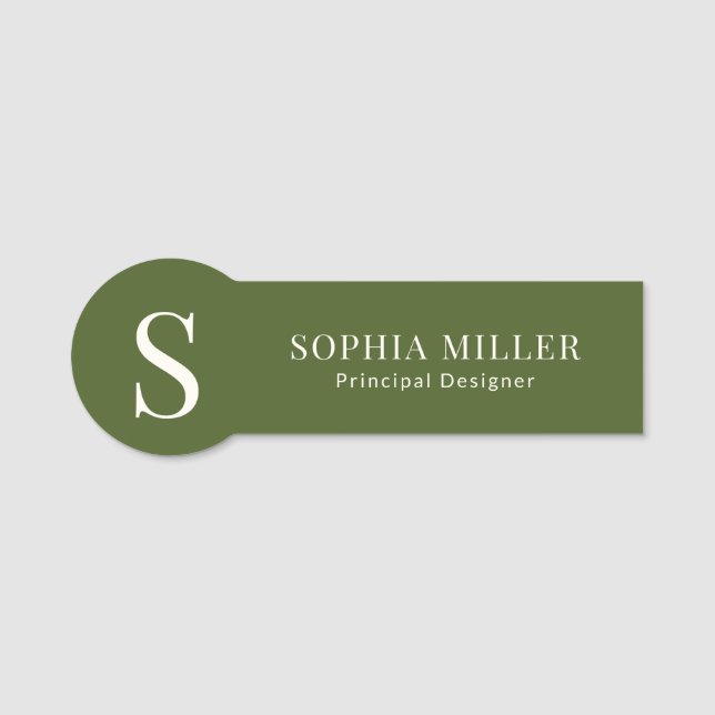 Modern Boho Inredningsdesigner Monogram Olivgrön Namnbricka (Framsida)