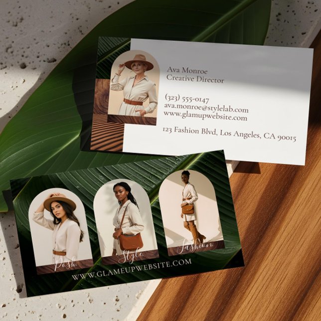 Modern Boho Jordnära Mode Foto Båge Collage Visitkort (Chic Modern Boho Earthy Fashion Photo Arch Collage Business Card)