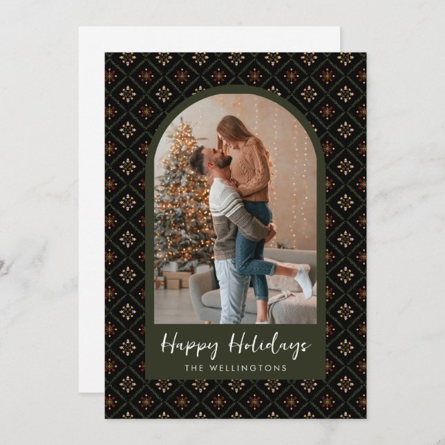 Modern Boho Jul Holiday Mönster Båge Foto Julkort (Fram/baksida)