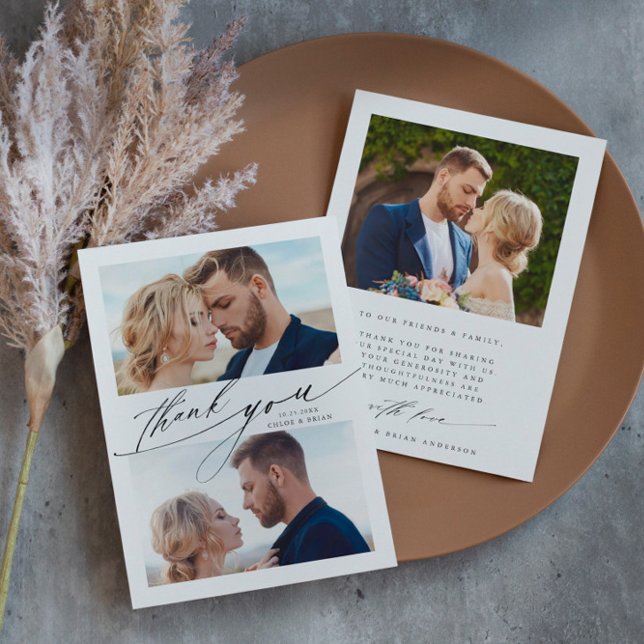 Modern Boho Kalligrafi 3 Foto Bröllop  Tack Kort (Skapare uppladdad)