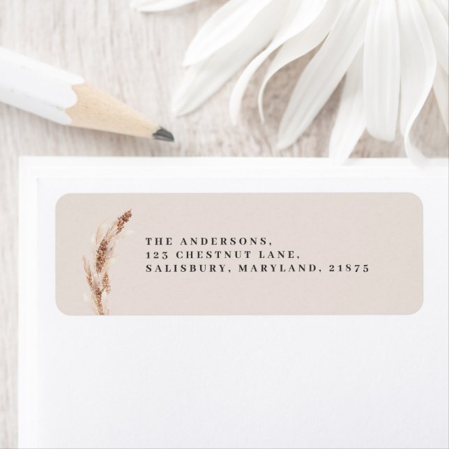 Modern boho lada pampas (bröllop) returadress etikett (Insitu)