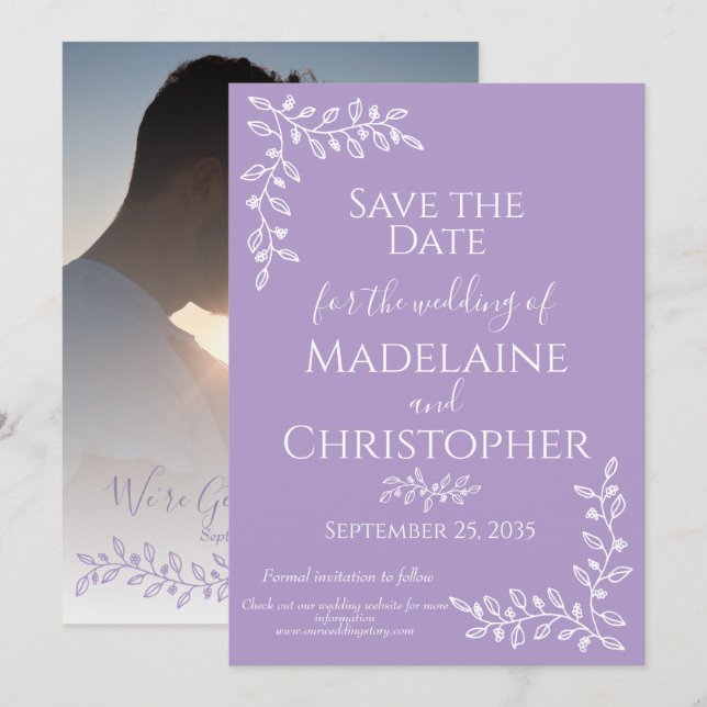 Modern Boho Lavender Botanical Photo Bröllop Spara Datumet (Fram/baksida)