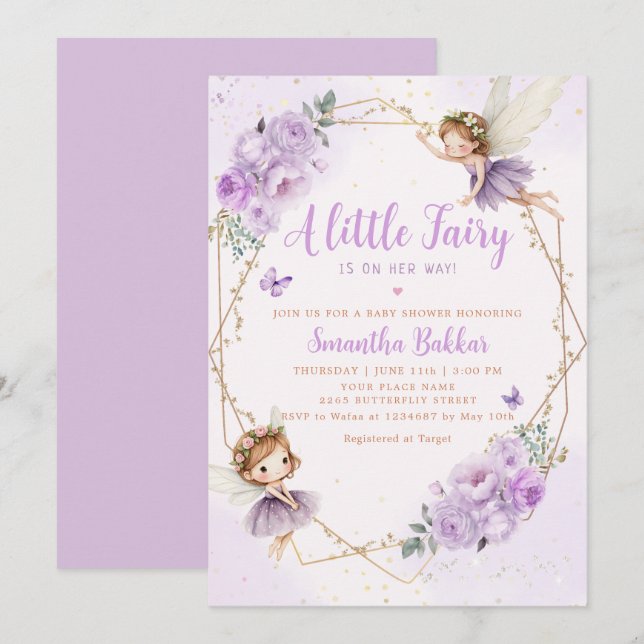 Modern Boho Lila A Little Fairy Girl Baby Shower Inbjudningar (Fram/baksida)