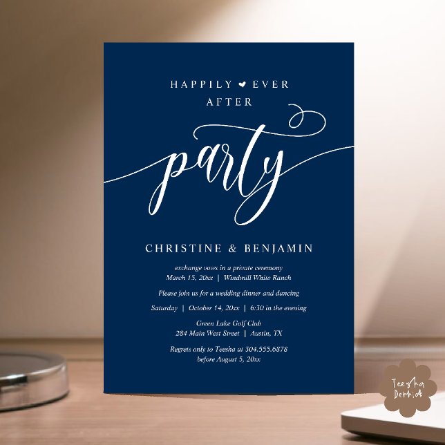 Modern Boho Lyckligt Alltid Efter Mottagningfest Inbjudningar (Modern Boho Happily Ever After Reception Party Invitation card PDF in navy blue)