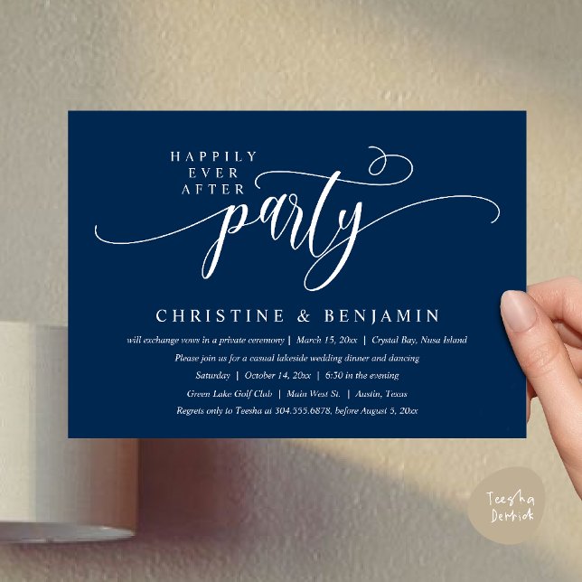 Modern Boho Lyckligt Alltid Efter Mottagningfest Inbjudningar (Modern Boho Happily Ever After Reception Party Invitation card PDF in navy blue)