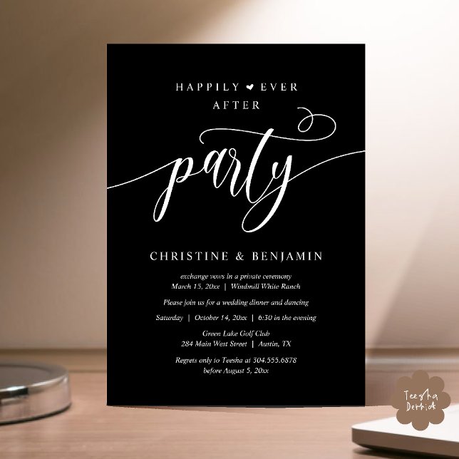 Modern Boho Lyckligt Alltid Efter Mottagningfest Inbjudningar (Modern Boho Happily Ever After Reception Party Invitation card PDF in classy black white)