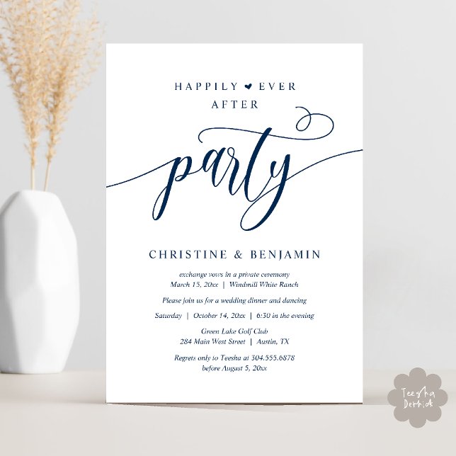 Modern Boho Lyckligt För Evigt Efterfest Kalas Inbjudningar (Modern Boho Happily Ever After Reception Party Invitation card PDF in navy blue)