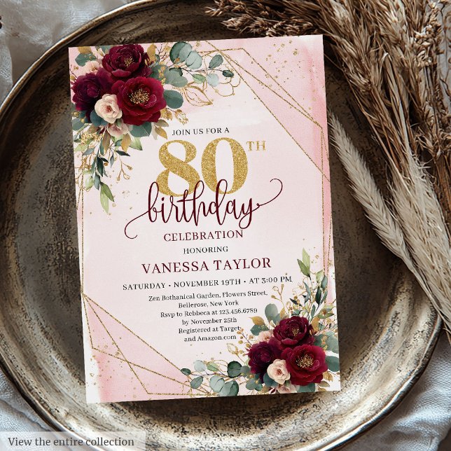 Modern Boho Maroon Guld Ro 80:e födelsedagen Inbju Inbjudningar (Modern Boho Maroon Gold Roses 80th Birthday Invitation)