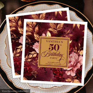 Modern Boho Maroon Röda rosor Guld 50-års Födelsed Pappersservett