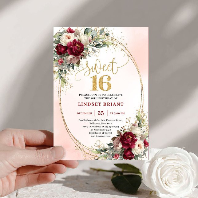 Modern Boho Marsala Gold Floral Sweet Sixteen Inbjudningar (Modern Boho Marsala Gold Floral Sweet Sixteen Invite)