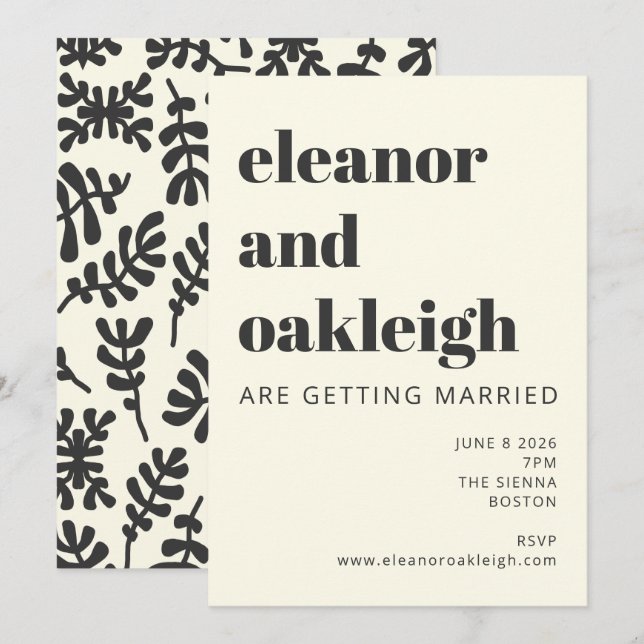 Modern Boho Matisse Botanical Black White Bröllop Inbjudningar (Fram/baksida)