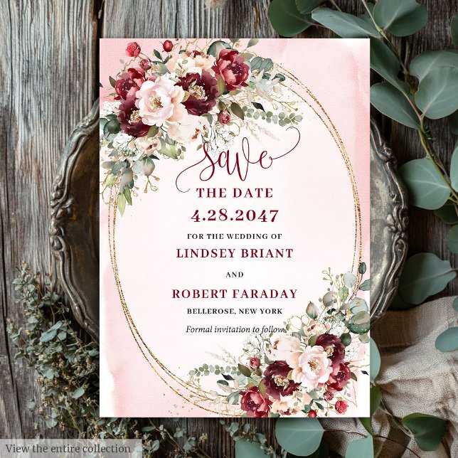 Modern Boho Merlot Blush Gold Floral Save Date Inbjudningar (Modern Boho Merlot Blush Gold Floral Save Date)