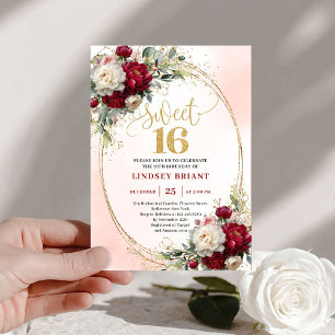 Modern Boho Merlot Guld Blommig Sweet Sixteen 16-å Inbjudningar