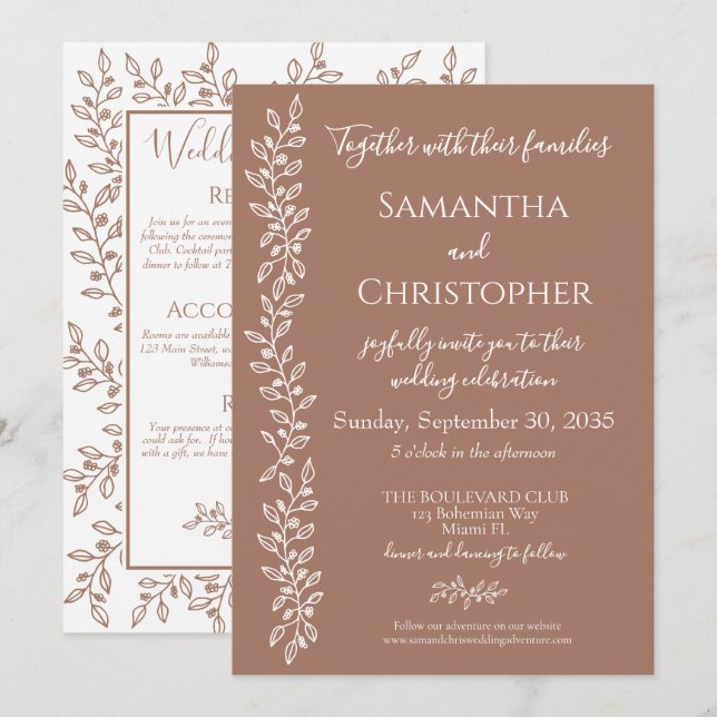 Modern Boho Mocha Mousse Botanical Minimal Bröllop Inbjudningar (Fram/baksida)