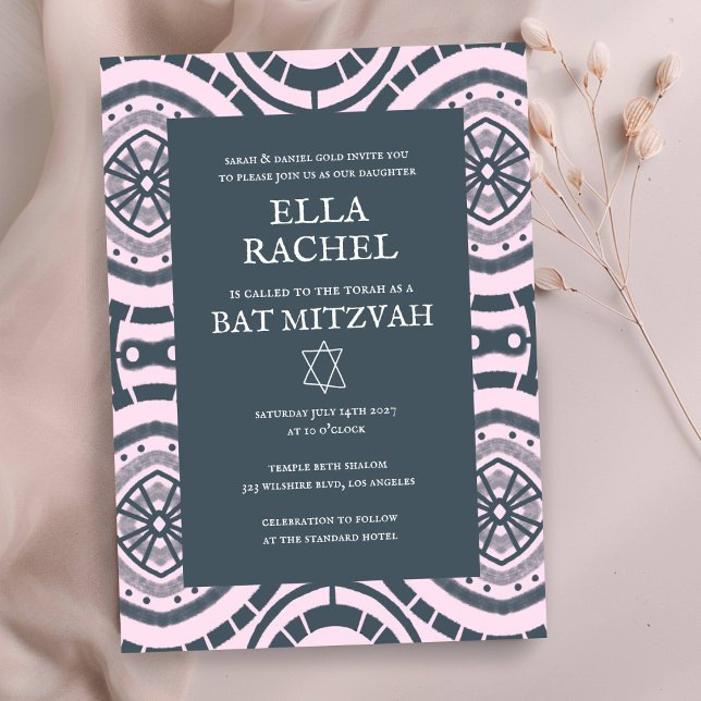 Modern Boho Mönster Anpassningsbar B'nai Fladdermu Inbjudningar (Modern Boho Pattern Custom B'nai Bat Bar Mitzvah Invitation
Pink )