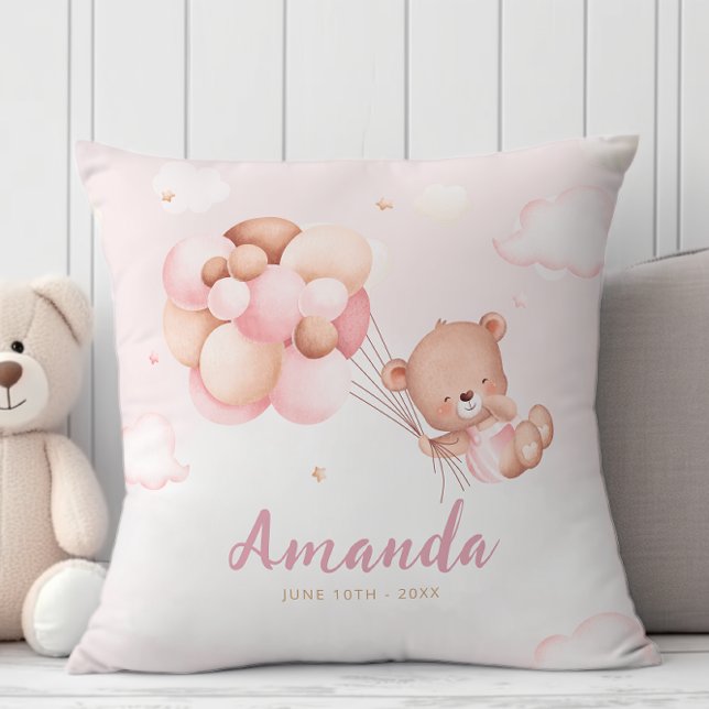 Modern Boho Nalle Baby Shower Gift Flicka Kudde (Front)