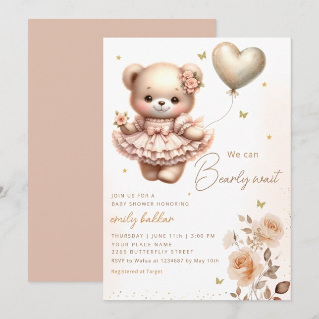 Modern Boho Nalle Balloon Girl Baby Shower Inbjudningar (Fram/baksida)