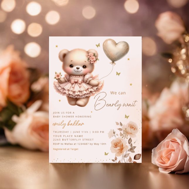 Modern Boho Nalle Balloon Girl Baby Shower Inbjudningar (Skapare uppladdad)