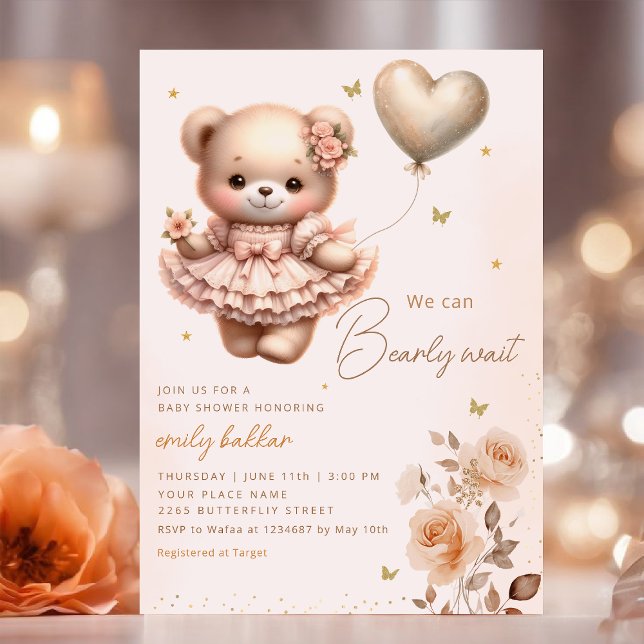 Modern Boho Nalle Balloon Girl Baby Shower Inbjudningar (Skapare uppladdad)
