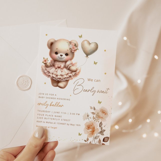 Modern Boho Nalle Balloon Girl Baby Shower Inbjudningar (Skapare uppladdad)