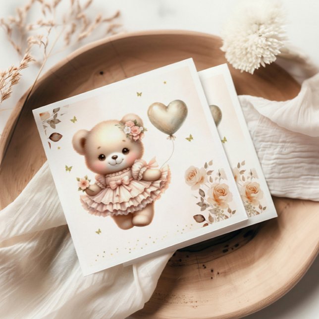 Modern Boho Nalle Balloon Girl Baby Shower Pappersservett (Skapare uppladdad)