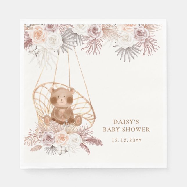 Modern Boho Nalle Pampas Baby Shower Pappersservett (Framsidan)
