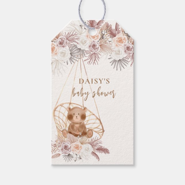 Modern Boho Nalle Pampas Baby Shower Presentetikett (Framsidan)