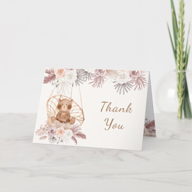 Modern Boho Nalle Pampas Blommigt Baby Shower Tack Kort (Framsida)