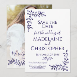 Modern Boho Navy Blue Botanical Photo Bröllop Spara Datumet