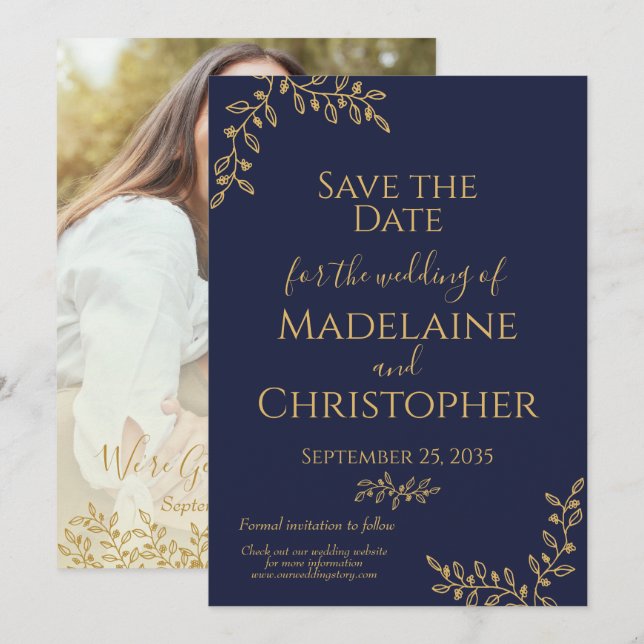 Modern Boho Navy Blue Guld Botanical Photo Bröllop Spara Datumet (Fram/baksida)