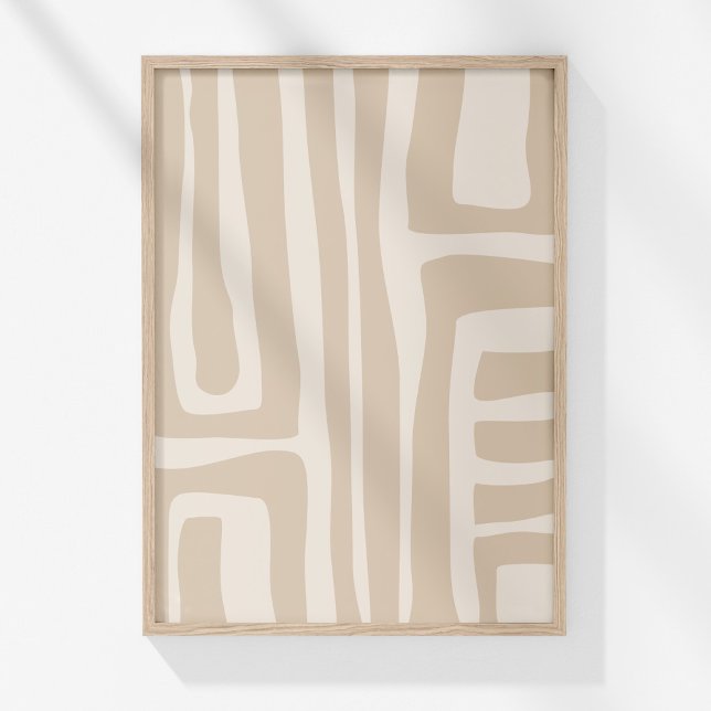 Modern Boho Neutral Linje Abstrakt Väggkonsttryck Poster (Boho Modern Muted Beige Neutral Abstract Art Poster in a neutral wooden frame on the wall.)