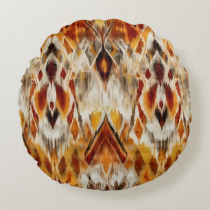 Modern Boho Neutralts Brown Orange Ikat Tribal Rund Kudde