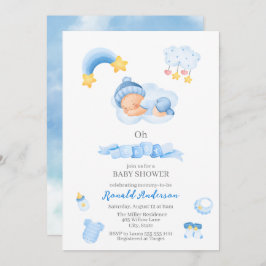 Modern Boho Nursery Watercolor Blue Det är Baby Inbjudningar