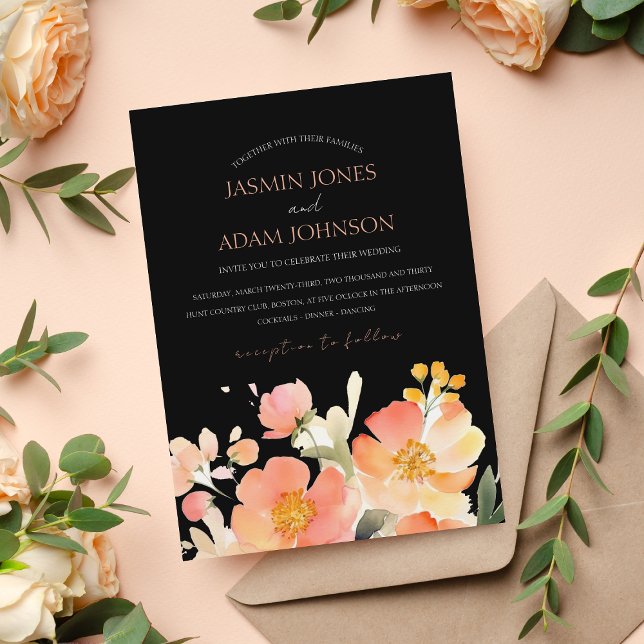 Modern Boho Orange Peach och Black Blommigt Bröllo Inbjudningar (Skapare uppladdad)