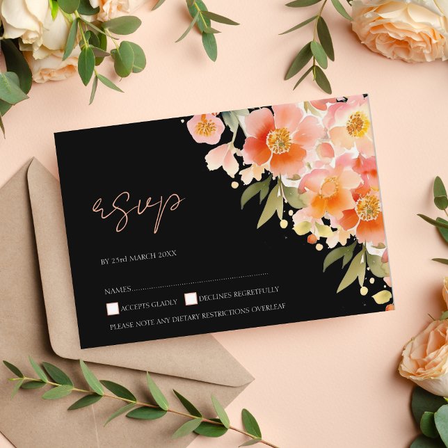 Modern Boho Orange Peach och Black Blommigt Bröllo OSA Kort (Skapare uppladdad)