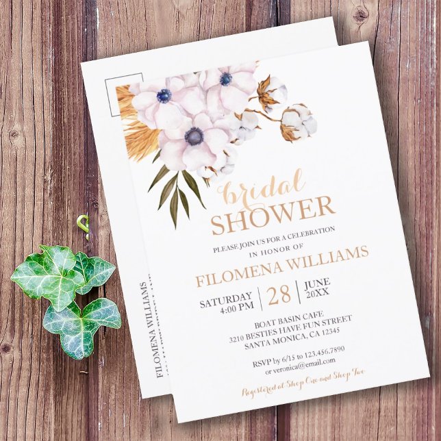 Modern Boho Pampas Grass Cotton Möhippa Inbjudan Vykort (MODERN BOHO PAMPAS GRASS COTTON FLORAL BRIDAL SHOWER INVITATION POSTCARD
)