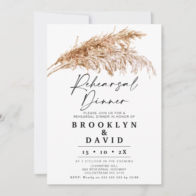 Modern Boho Pampas Grass Rehearsal Dinner Inbjudningar (Framsida)