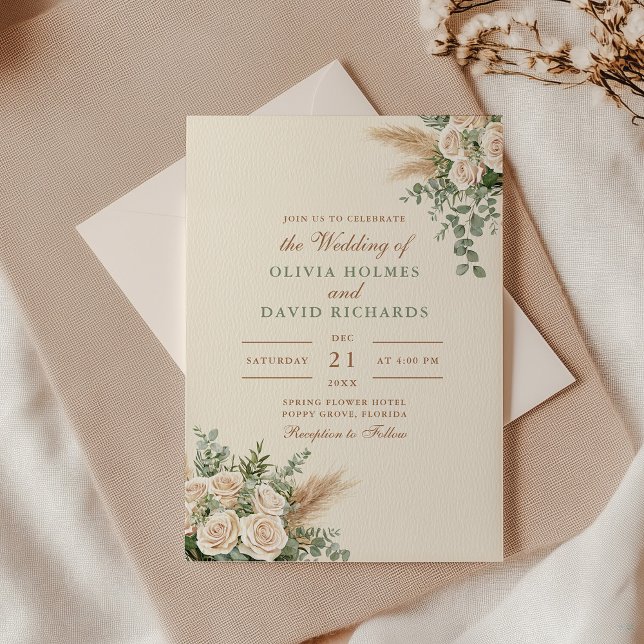 Modern Boho Pampas Grass & Vit ros Bröllop Inbjudningar (Modern Boho Pampas Grass & White Rose Wedding Invitation with an envelope on an elegant table)
