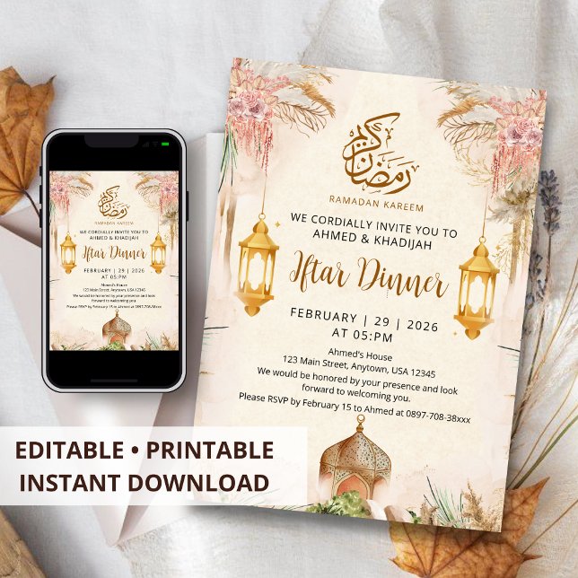 Modern Boho Pampas och Guld Lantern Iftar Middag Inbjudningar (Skapare uppladdad)
