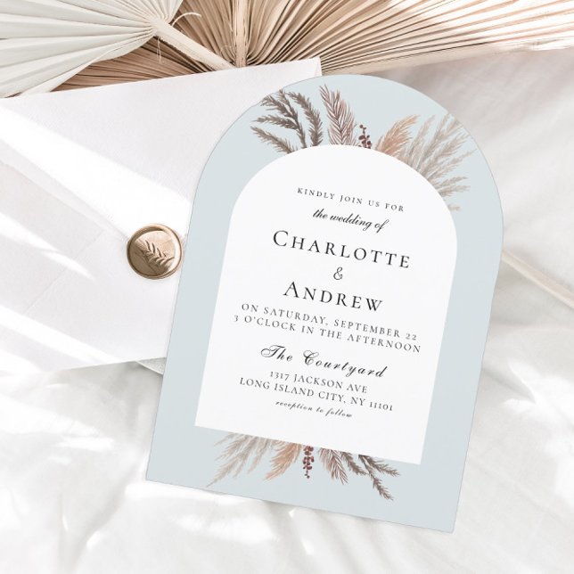 Modern Boho Pampasgras bröllopsinbjudan Inbjudningar (Modern Boho Pampasgras Powder Blue Wedding Invitation)
