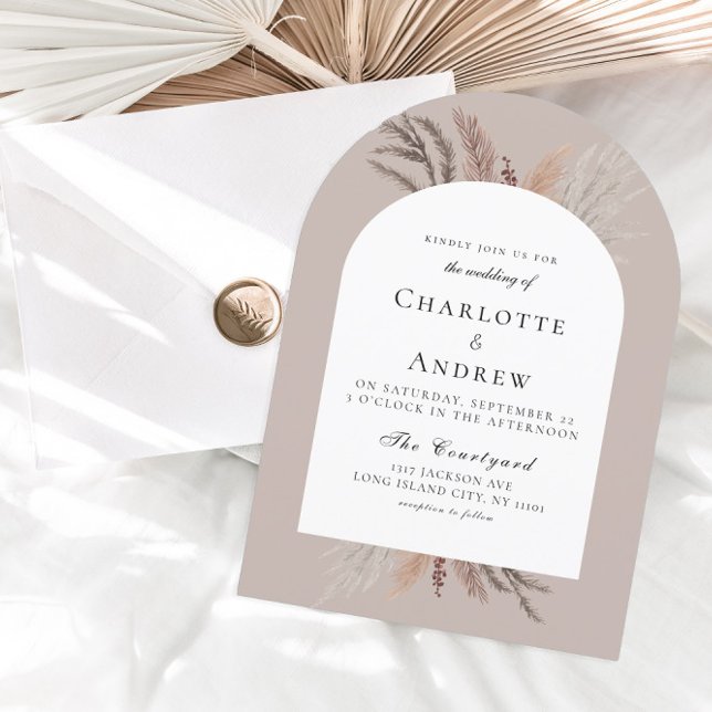 Modern Boho Pampasgras bröllopsinbjudan Inbjudningar (Modern Boho Pampasgras Light-Brown Wedding Invitation)