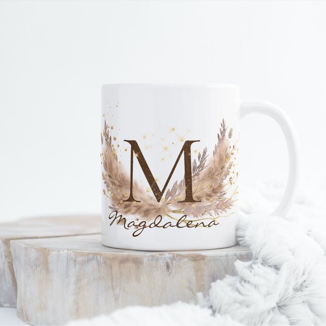 Modern Boho Pampasgräs Glam Fx Glitter Monogram Kaffemugg (Skapare uppladdad)